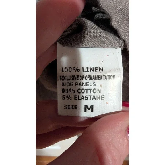 Lina Tomei Made in Italy Linen Dress Womens M Taupe Beaded Neck Shift Pockets - Picture 6 of 8